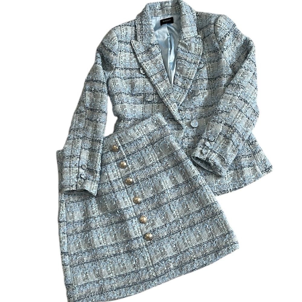 Bardot Boucle Tweed Blazer Skirt Set Blue Silver Women S L Preppy Suit Outfit